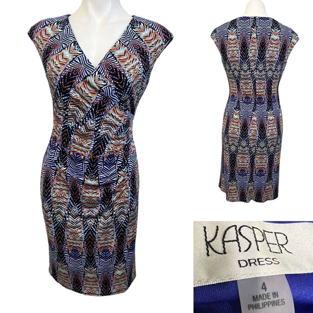 Kasper dress size 4 purple multicolor Aztec print faux wrap dress knee length -9